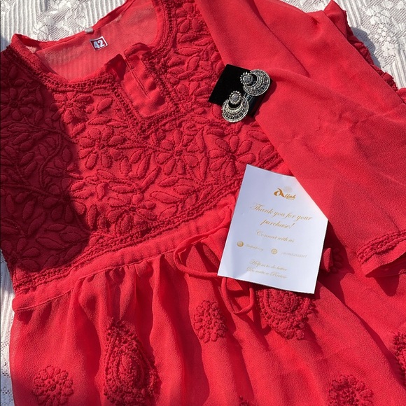 Red chikankari short gown - Picture 5 of 10